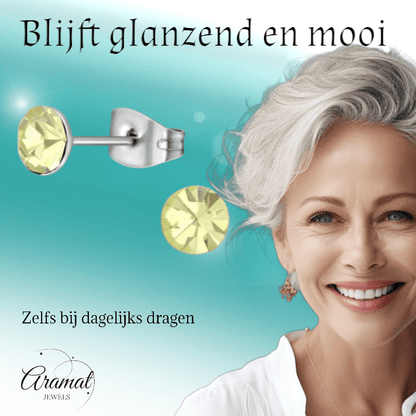 Stalen Kristal Oorbellen met jonquil steentje – Zilverkleur – 5mm - Aramat Jewels - Oorbellen - cadeautip