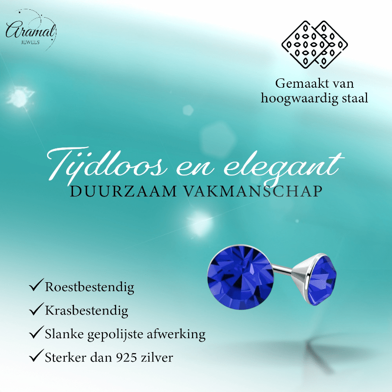 Stalen Kristal Oorbellen met koningsblauw steentje – Zilverkleur – 3mm - Aramat Jewels - Oorbellen - cadeautip