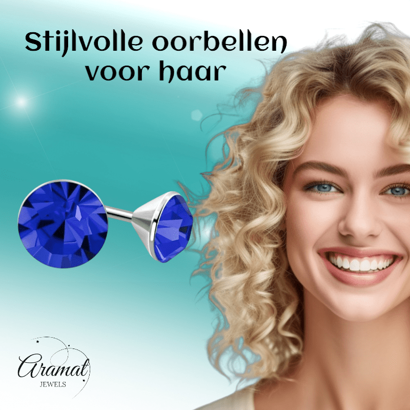 Stalen Kristal Oorbellen met koningsblauw steentje – Zilverkleur – 3mm - Aramat Jewels - Oorbellen - cadeautip