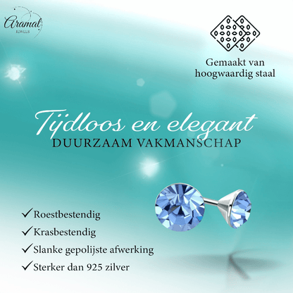 Stalen Kristal Oorbellen met lichtblauw steentje – Zilverkleur – 3mm - Aramat Jewels - Oorbellen - cadeautip