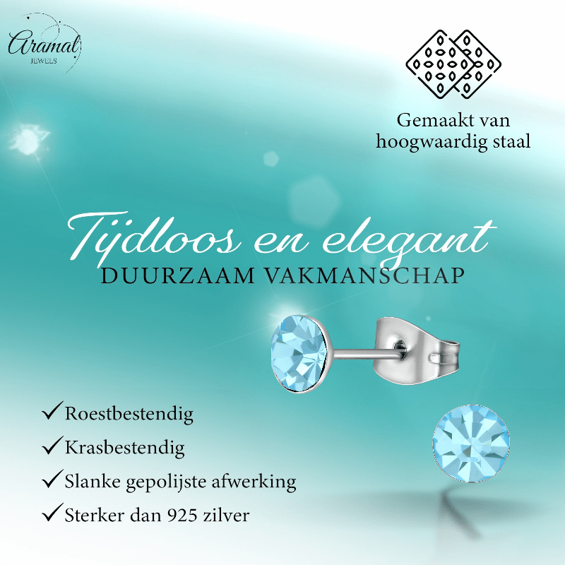 Stalen Kristal Oorbellen met lichtblauw steentje – Zilverkleur – 5mm - Aramat Jewels - Oorbellen - cadeautip