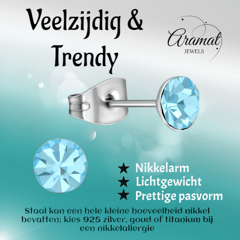 Stalen Kristal Oorbellen met lichtblauw steentje – Zilverkleur – 5mm - Aramat Jewels - Oorbellen - cadeautip
