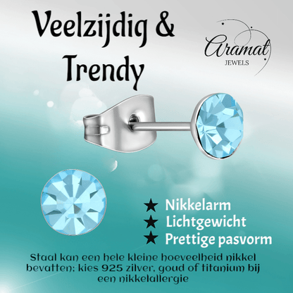 Stalen Kristal Oorbellen met lichtblauw steentje – Zilverkleur – 5mm - Aramat Jewels - Oorbellen - cadeautip