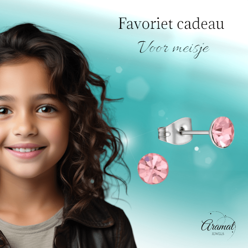 Stalen Kristal Oorbellen met lichtroze steentje – Zilverkleur – 5mm - Aramat Jewels - Oorbellen - cadeautip