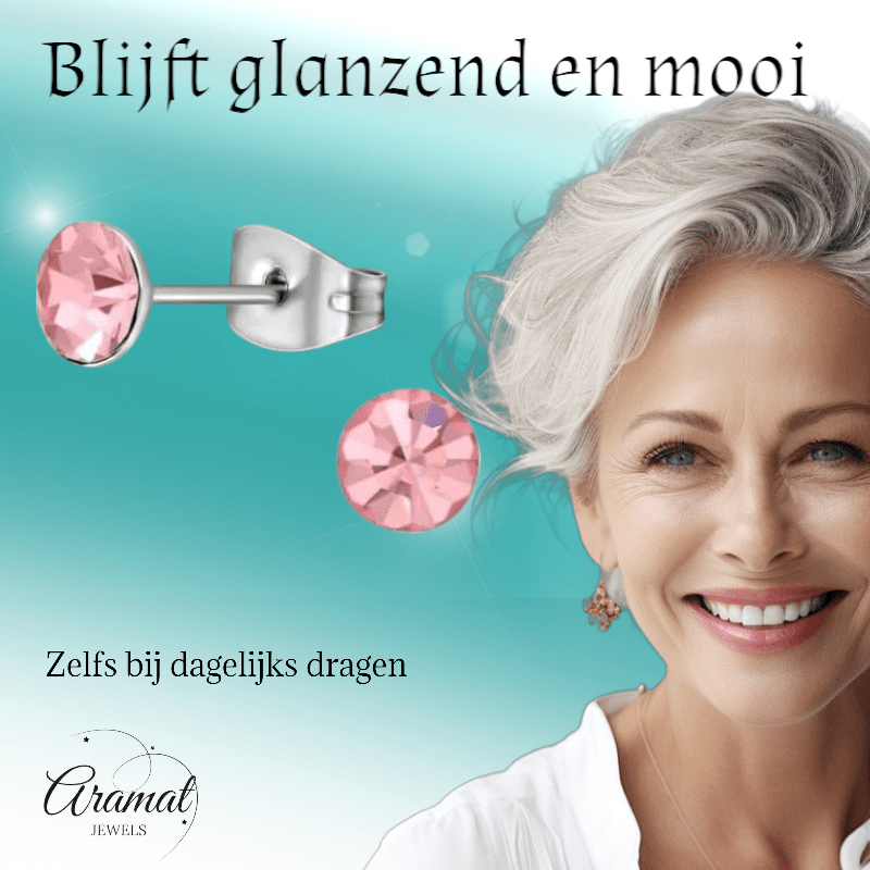 Stalen Kristal Oorbellen met lichtroze steentje – Zilverkleur – 5mm - Aramat Jewels - Oorbellen - cadeautip