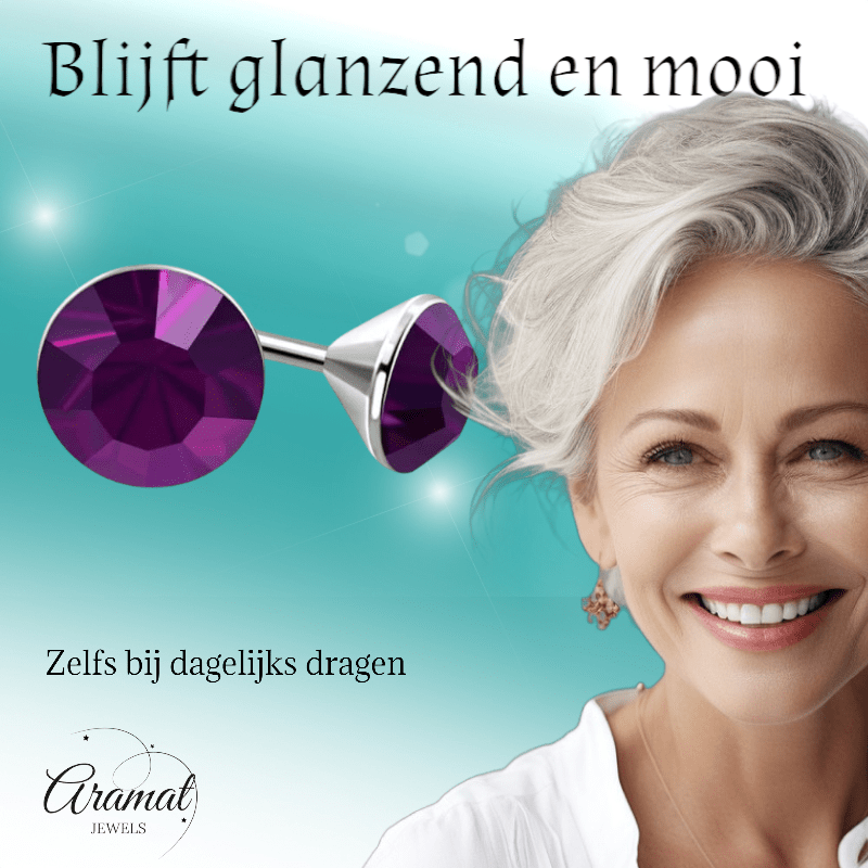 Stalen Kristal Oorbellen met paars steentje – Zilverkleur – 3mm - Aramat Jewels - Oorbellen - cadeautip