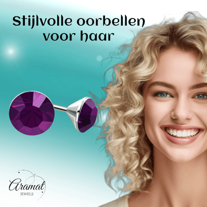 Stalen Kristal Oorbellen met paars steentje – Zilverkleur – 3mm - Aramat Jewels - Oorbellen - cadeautip