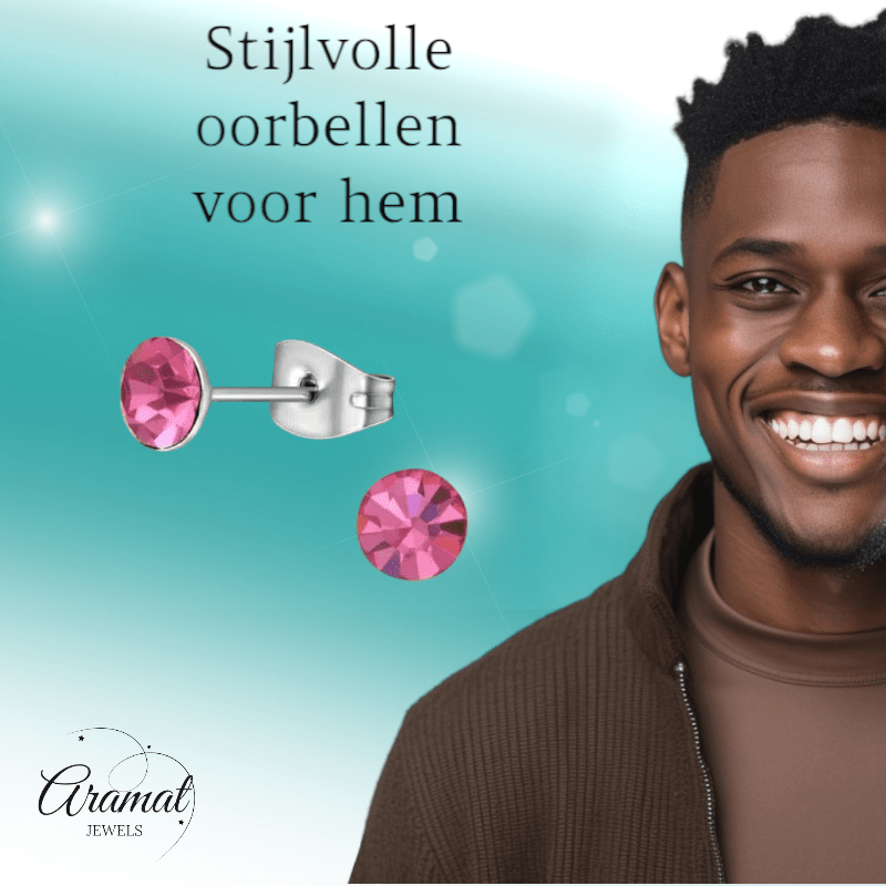 Stalen Kristal Oorbellen met roze steentje – Zilverkleur – 5mm - Aramat Jewels - Oorbellen - cadeautip