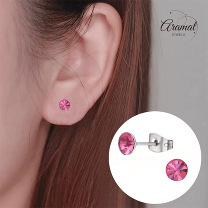 Stalen Kristal Oorbellen met roze steentje – Zilverkleur – 5mm - Aramat Jewels - Oorbellen - cadeautip