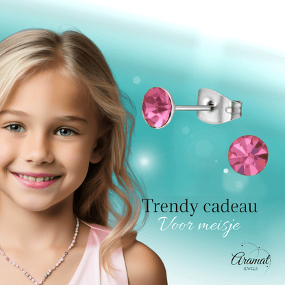 Stalen Kristal Oorbellen met roze steentje – Zilverkleur – 5mm - Aramat Jewels - Oorbellen - cadeautip
