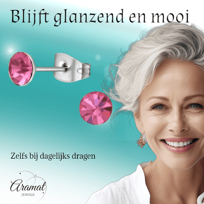 Stalen Kristal Oorbellen met roze steentje – Zilverkleur – 5mm - Aramat Jewels - Oorbellen - cadeautip