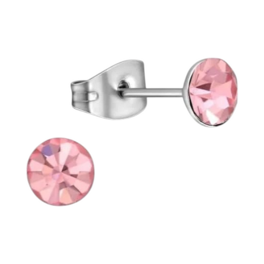 Boucles d'oreilles en acier et cristal avec pierre rose clair – Couleur argent – ​​5 mm