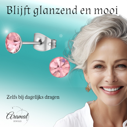 Stalen Kristal Oorbellen met lichtroze steentje – Zilverkleur – 5mm