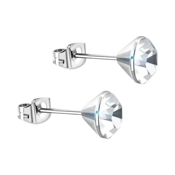 Boucles d'oreilles en acier et cristal avec pierre transparente – Couleur argent – ​​3 mm