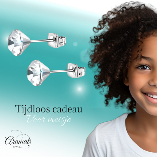 Boucles d'oreilles en acier et cristal avec pierre transparente – Couleur argent – ​​3 mm