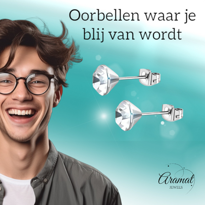 Boucles d'oreilles en acier et cristal avec pierre transparente – Couleur argent – ​​3 mm