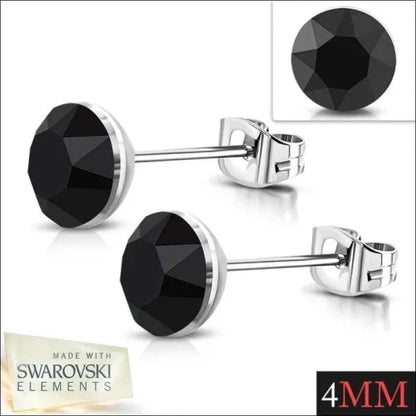 Boucles d'oreilles en acier et cristal avec pierres noires - Couleur argent - 4 mm
