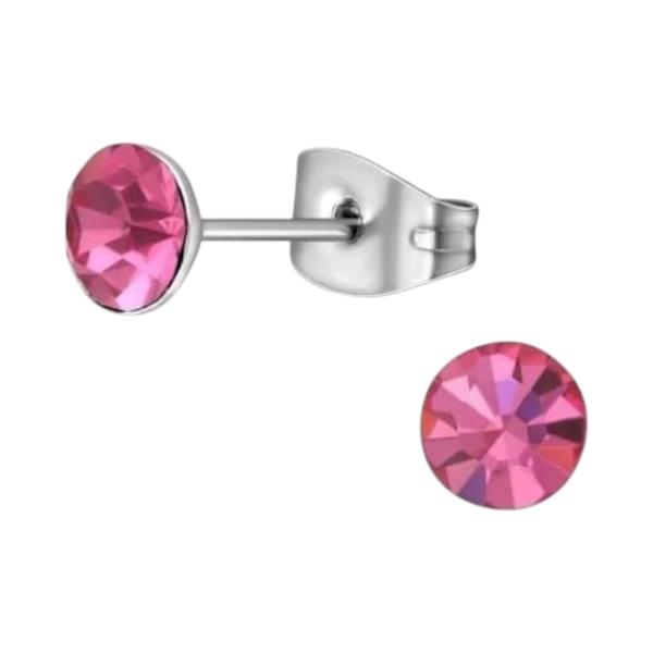 Stalen Kristal Oorbellen met roze steentje – Zilverkleur – 5mm