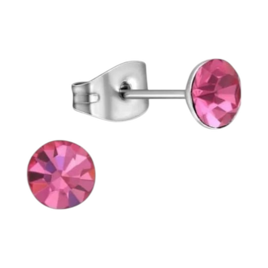 Boucles d'oreilles en acier et cristal avec pierre rose – Couleur argent – ​​5 mm