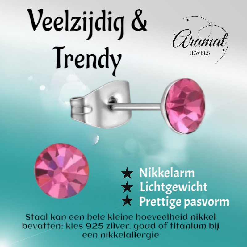 Stalen Kristal Oorbellen met roze steentje – Zilverkleur – 5mm