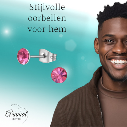 Stalen Kristal Oorbellen met roze steentje – Zilverkleur – 5mm