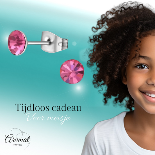 Boucles d'oreilles en acier et cristal avec pierre rose – Couleur argent – ​​5 mm