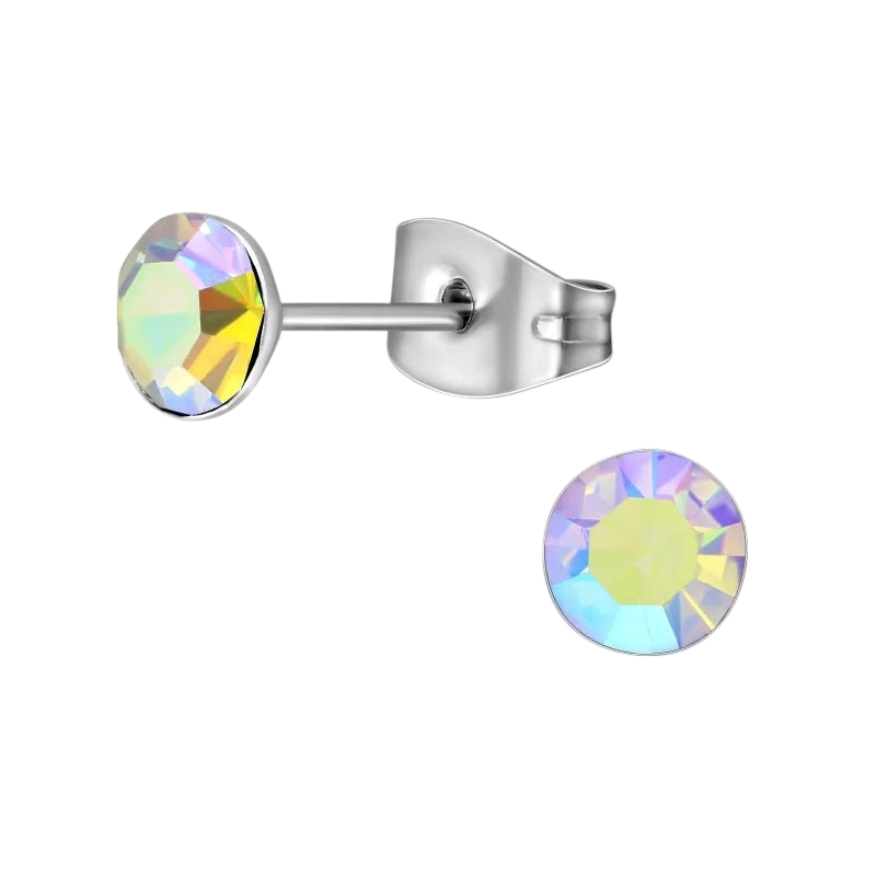 Boucles d'oreilles en acier et cristal avec pierre transparente AB – Couleur argent – ​​5 mm