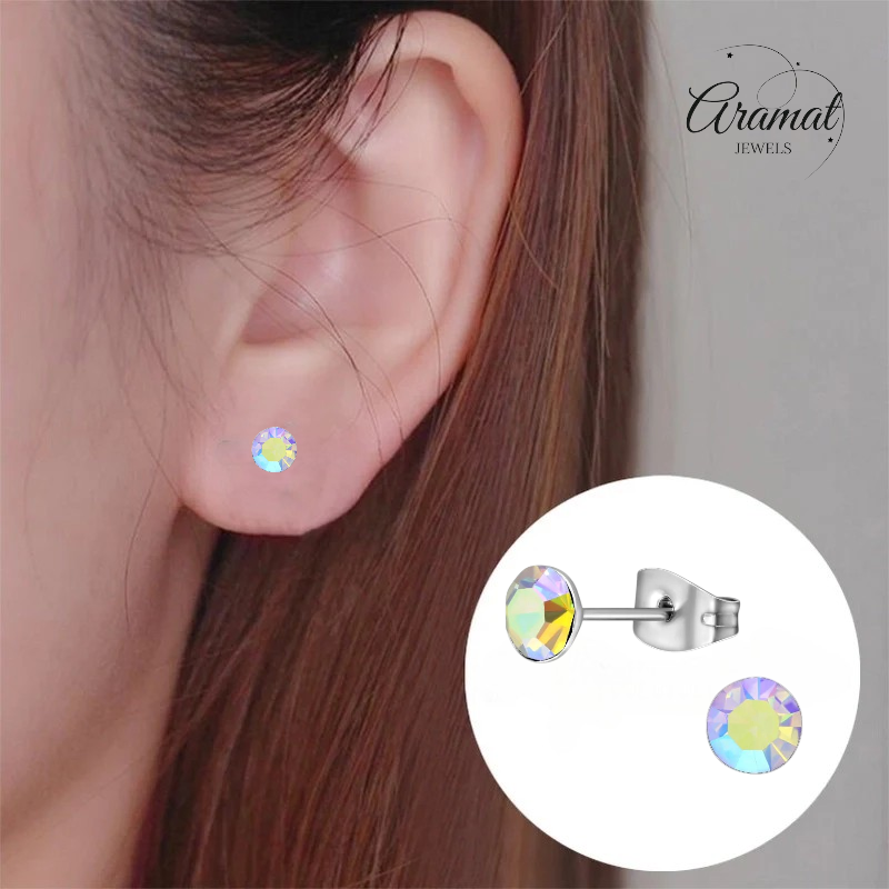 Boucles d'oreilles en acier et cristal avec pierre transparente AB – Couleur argent – ​​5 mm