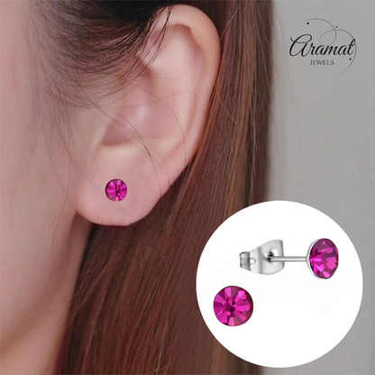 Boucles d'oreilles en acier et cristal avec pierre rose fuchsia – Couleur argent – ​​5 mm