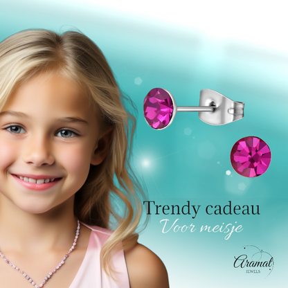 Boucles d'oreilles en acier et cristal avec pierre rose fuchsia – Couleur argent – ​​5 mm