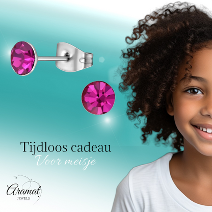 Boucles d'oreilles en acier et cristal avec pierre rose fuchsia – Couleur argent – ​​5 mm