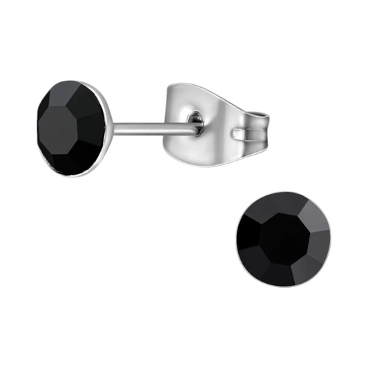 Boucles d'oreilles en acier et cristal avec pierre noire – Couleur argent – ​​5 mm