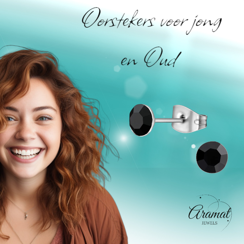 Stalen Kristal Oorbellen met zwart steentje – Zilverkleur – 5mm