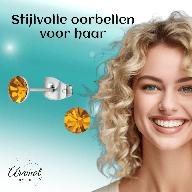 Stalen Kristal Oorbellen met topaas oranje steentje – Zilverkleur – 5mm - Aramat Jewels - Oorbellen - cadeautip