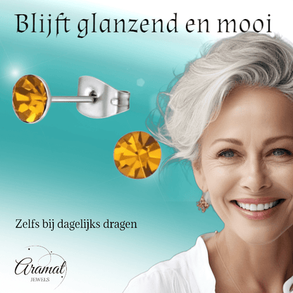 Stalen Kristal Oorbellen met topaas oranje steentje – Zilverkleur – 5mm - Aramat Jewels - Oorbellen - cadeautip