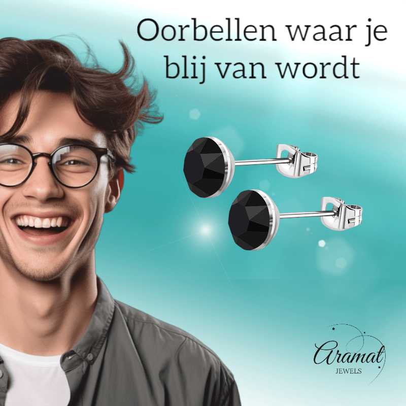 Stalen Kristal Oorbellen met zwarte steentjes – Zilverkleur – 4mm - Aramat Jewels - Oorbellen - cadeautip