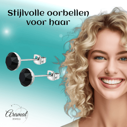Stalen Kristal Oorbellen met zwarte steentjes – Zilverkleur – 4mm - Aramat Jewels - Oorbellen - cadeautip