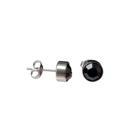 Boucles d'oreilles puces – Acier cristal noir argent (8 mm) 