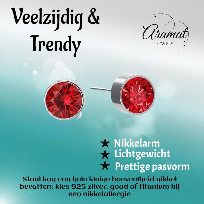 Oorstekers – Staal Kristal Rood Zilverkleur (6mm)