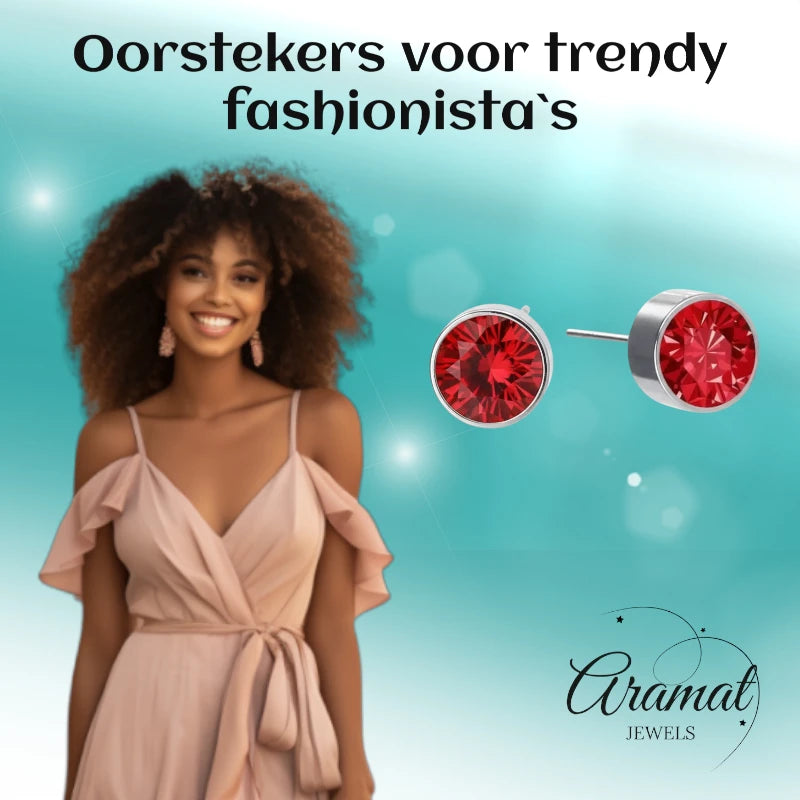 Oorstekers – Staal Kristal Rood Zilverkleur (6mm)