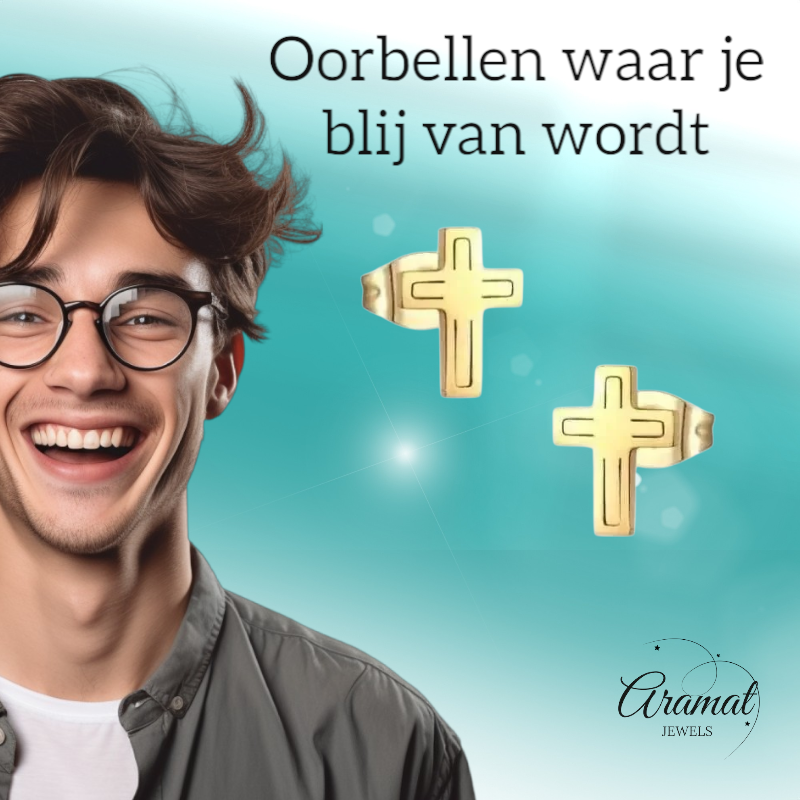 Stalen Kruisjes Oorbellen Goudkleur – 10x7mm