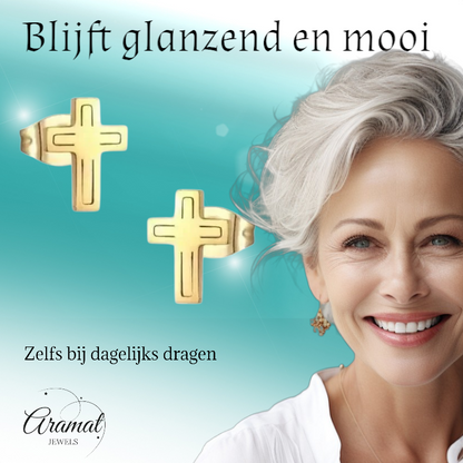 Stalen Kruisjes Oorbellen Goudkleur – 10x7mm