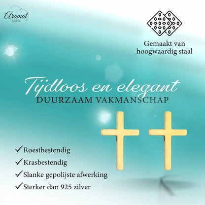 Gouden oorbellen met kruis.