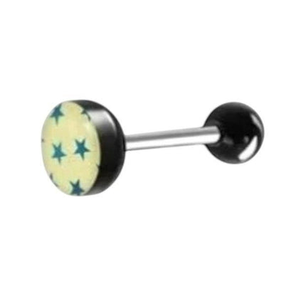 Aramat Jewels surgical steel tongue piercing with a black acrylic ball and a light yellow top featuring blue stars.