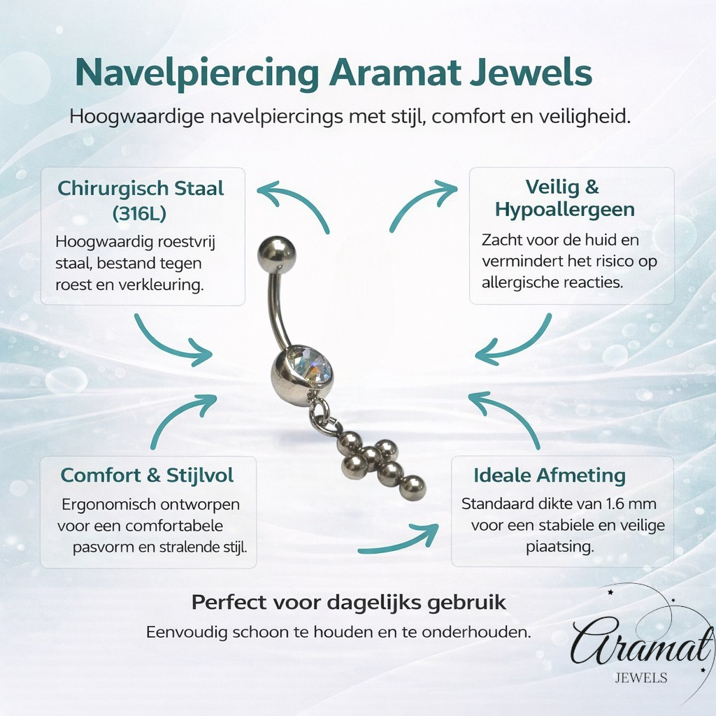 Stalen Navelpiercing met Zirkonia Bolletjes