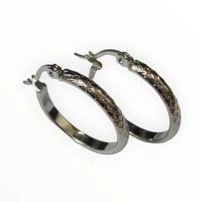 Boucles d'oreilles – 25 mm, motif à carreaux créoles, acier inoxydable, couleur argentée, pour femme