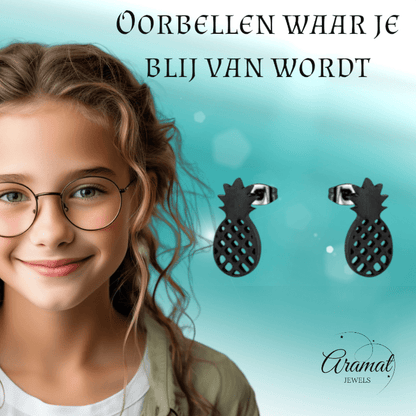 Stalen Oorbellen Ananas - Zomerse Accessoires - oor3125 - Oorbellen kopen# - Zwart - 10mm - 5mm