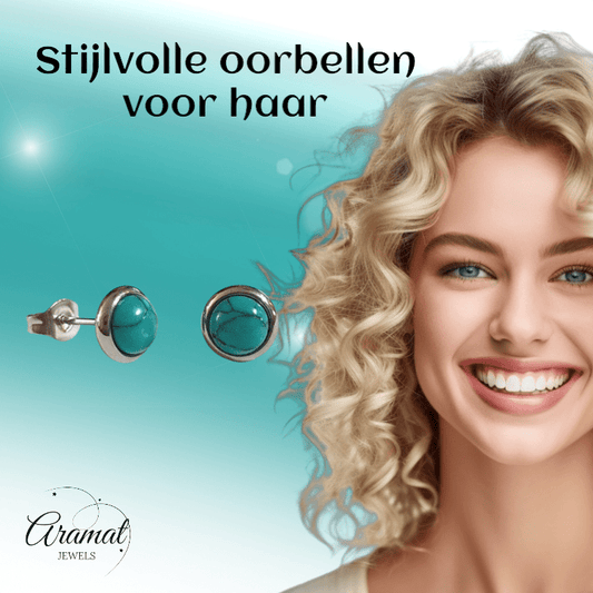 Stalen oorbellen groen gemarmerd 8mm zilverkleur - oor3076 - Oorbellen kopen# - 8mm - alles - cadeau