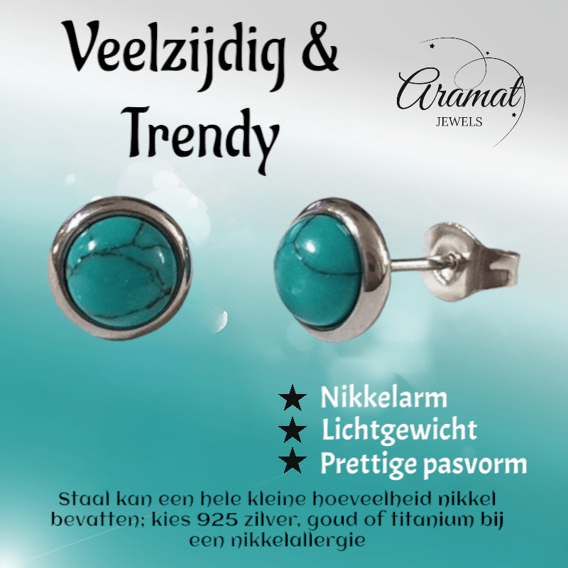 Stalen oorbellen groen gemarmerd 8mm zilverkleur - oor3076 - Oorbellen kopen# - 8mm - alles - cadeau