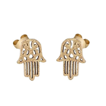 Goudkleurige Hamsa Oorstekers RVS – Handje van Fatima – Mat Sandblasted (10x7mm)